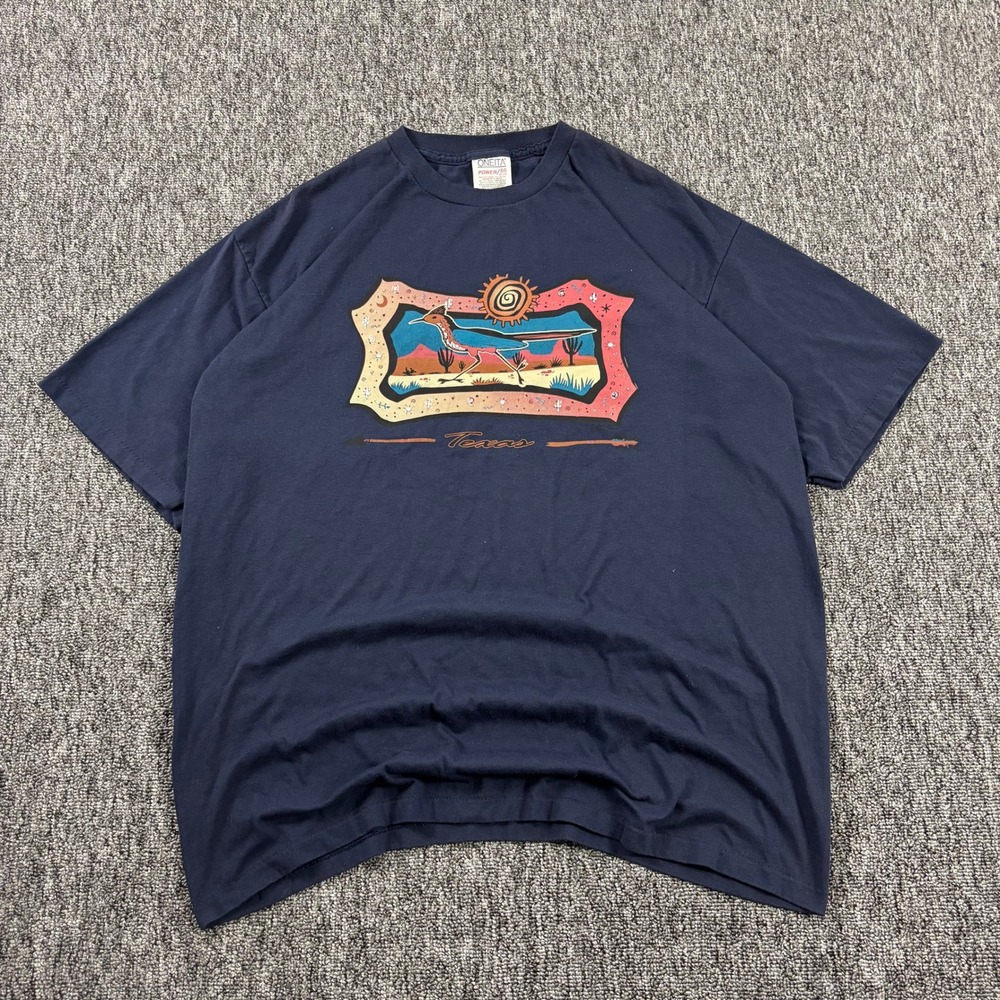 Vintage 90s Oneita Texas Roadrunner Nature Single Stitch T-Shirt Navy Blue XL